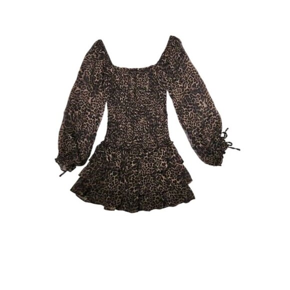 Olivaceous Leopard Print Ruffle Mini Dress Smocked Boho Black Brown Size Small - Picture 3 of 7